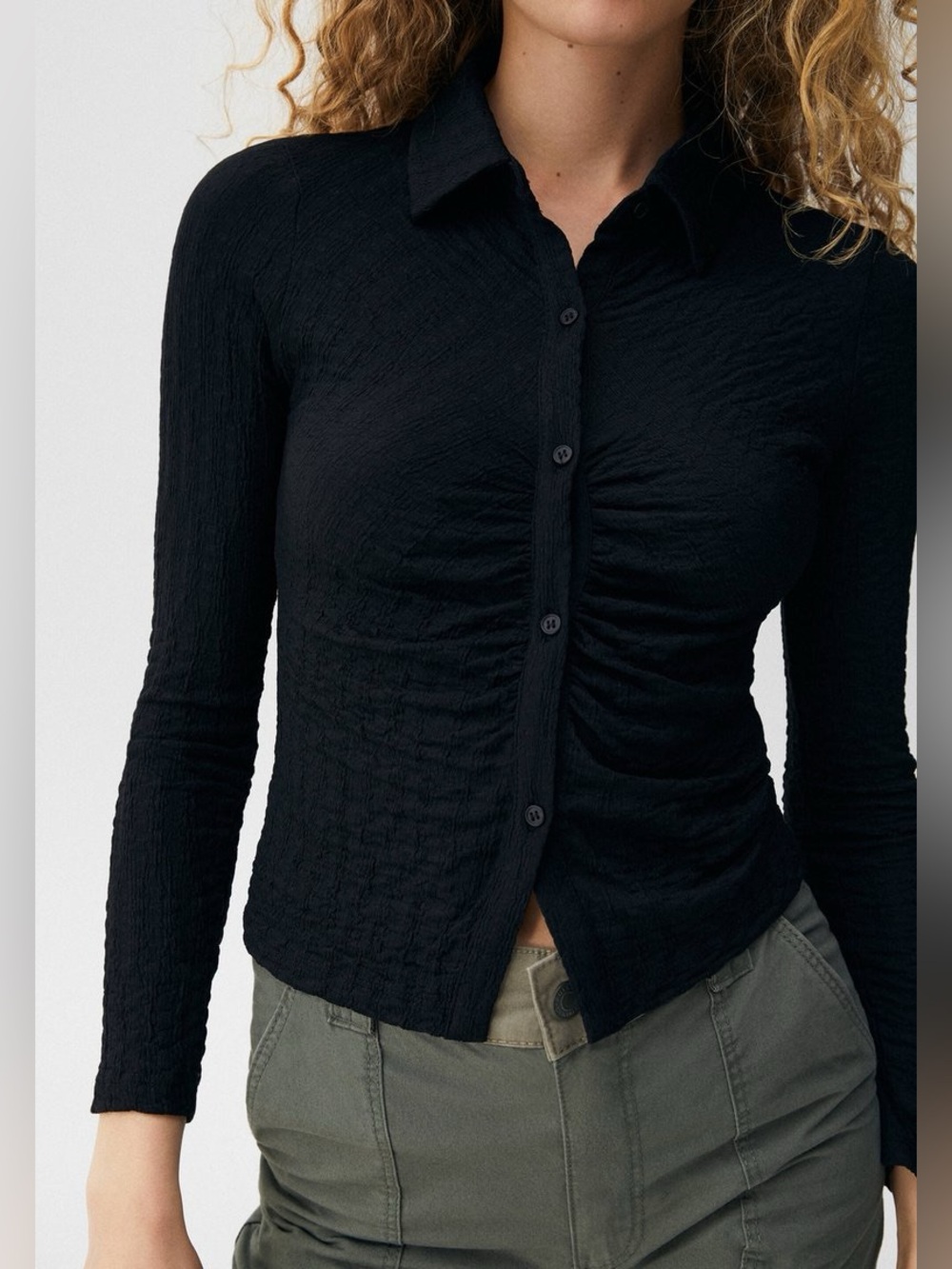 Pull & Bear Ruched Long Sleeve Button Down Blouse
